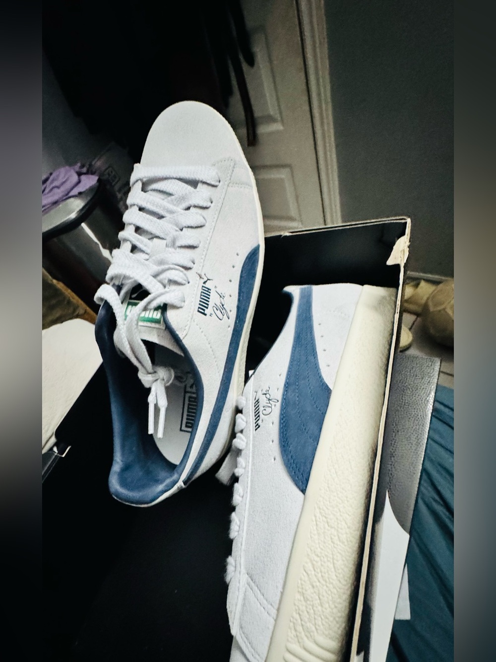 Puma Men White & Blue Suede Low-Top Sneakers